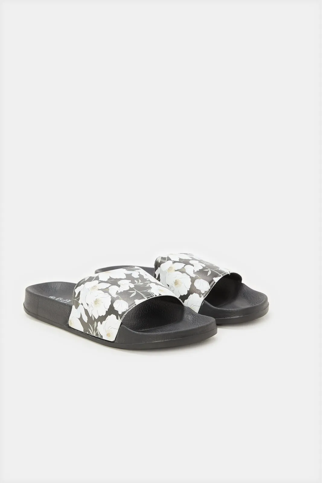 Women Black Floral Printed Slide