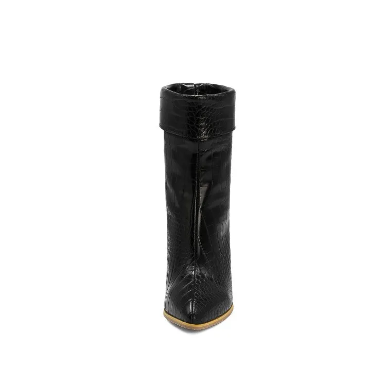 Women's Crocodile Pattern Fold Block Chunky Heel Short Boots