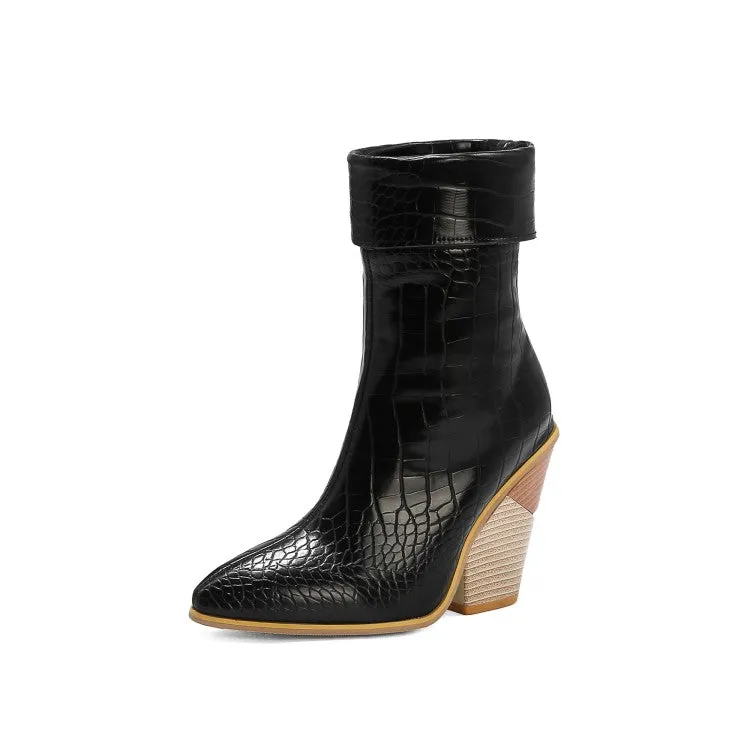 Women's Crocodile Pattern Fold Block Chunky Heel Short Boots