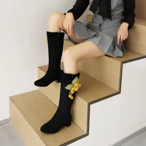 Women's  Flower Low Heel Mid Calf Boots
