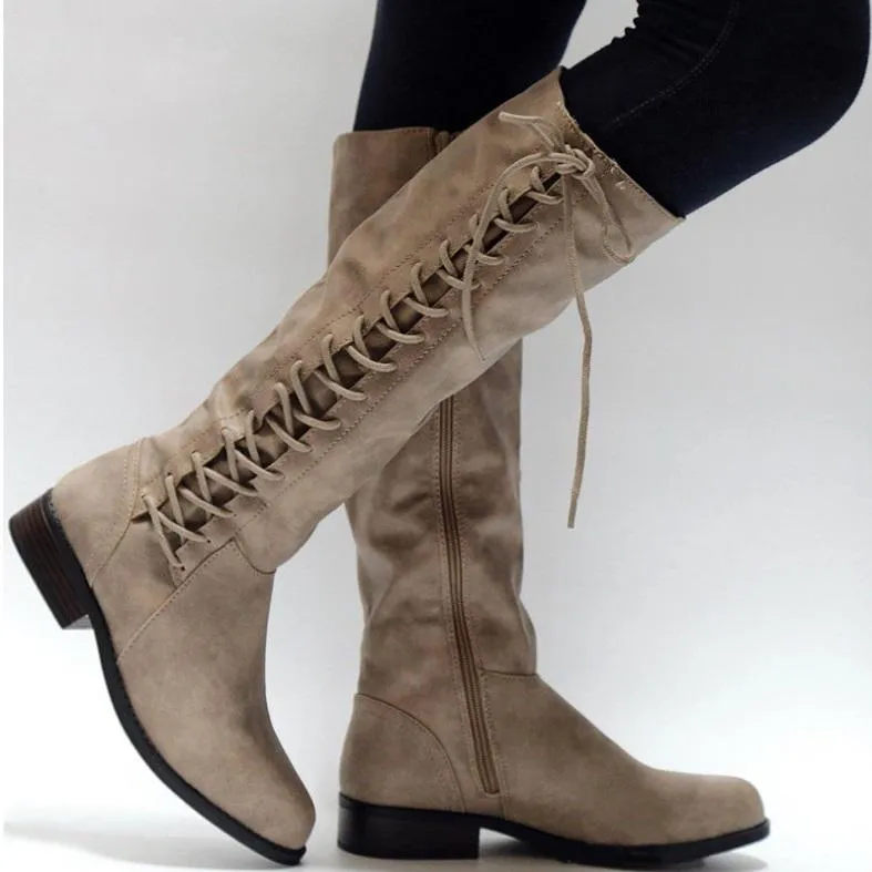 Women's knee high zipper boots side lace-up