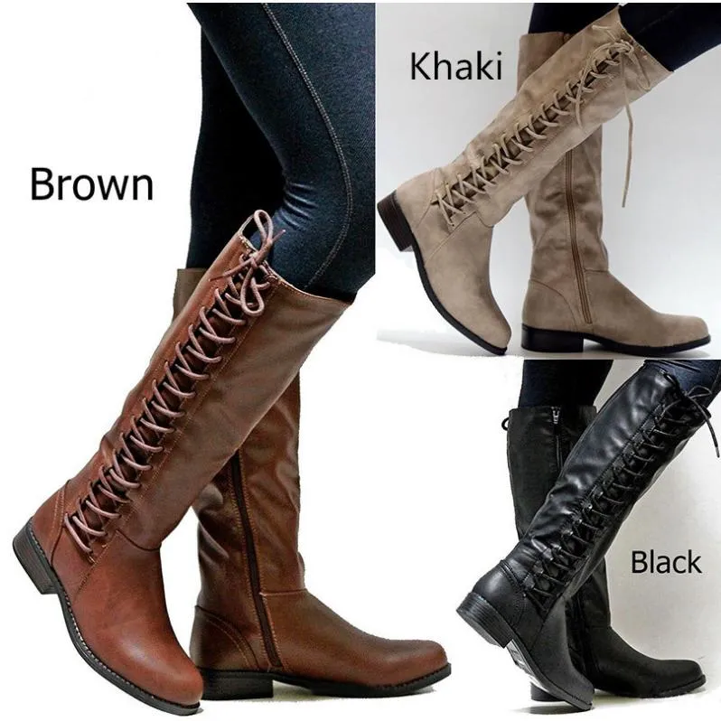 Women's knee high zipper boots side lace-up