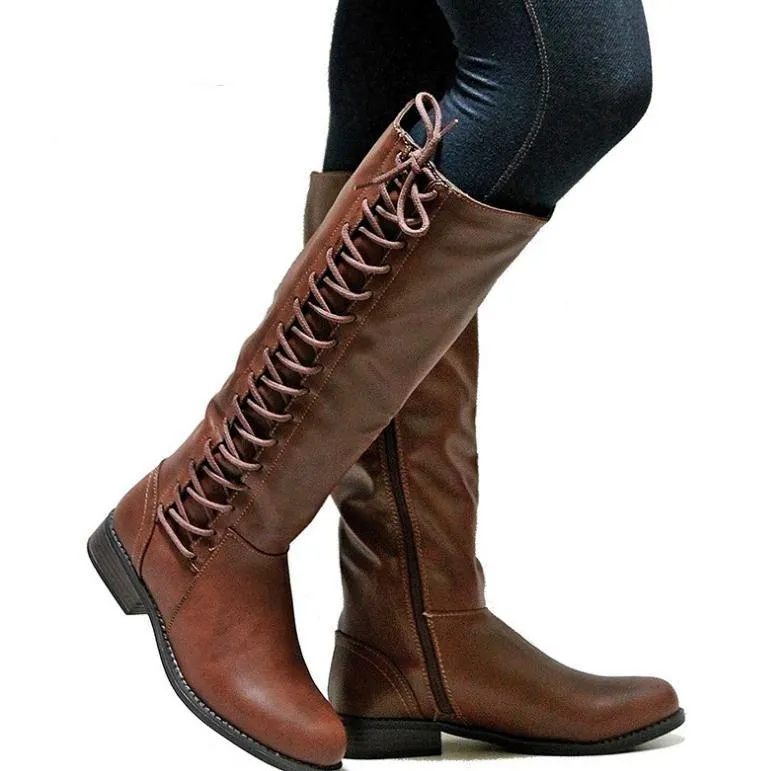 Women's knee high zipper boots side lace-up