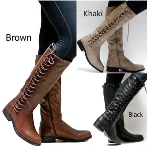 Women's knee high zipper boots side lace-up