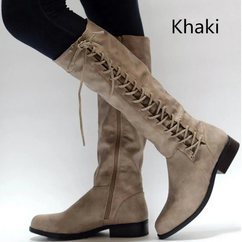 Women's knee high zipper boots side lace-up