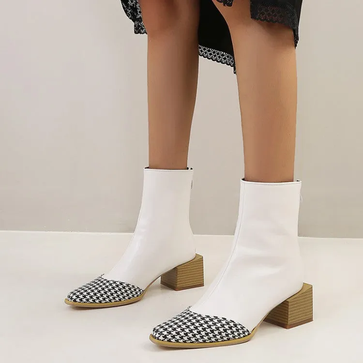 Women's Pu Leather Lattice Patchwork Block Heel Short Boots