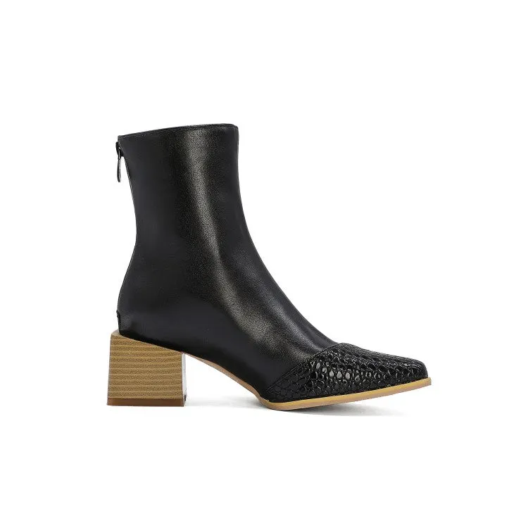 Women's Pu Leather Lattice Patchwork Block Heel Short Boots