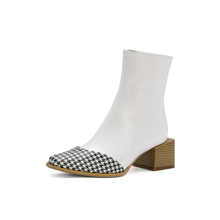 Women's Pu Leather Lattice Patchwork Block Heel Short Boots