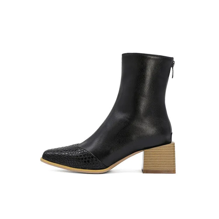 Women's Pu Leather Lattice Patchwork Block Heel Short Boots