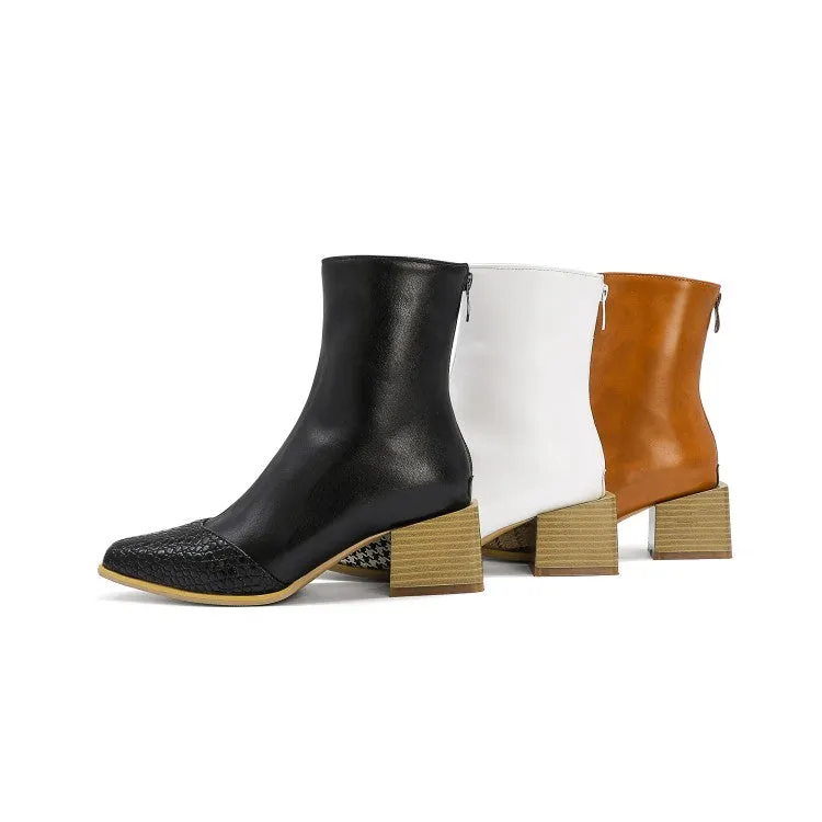 Women's Pu Leather Lattice Patchwork Block Heel Short Boots