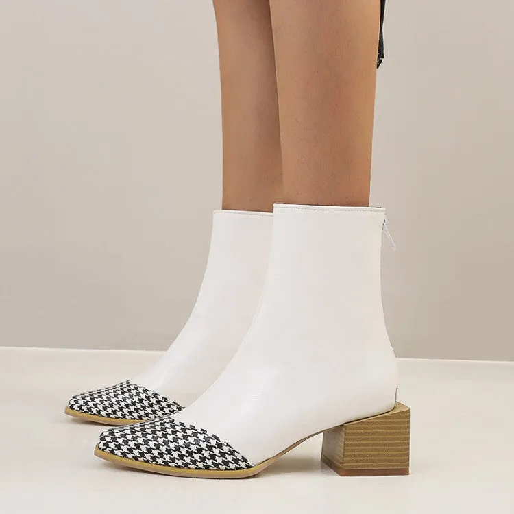 Women's Pu Leather Lattice Patchwork Block Heel Short Boots