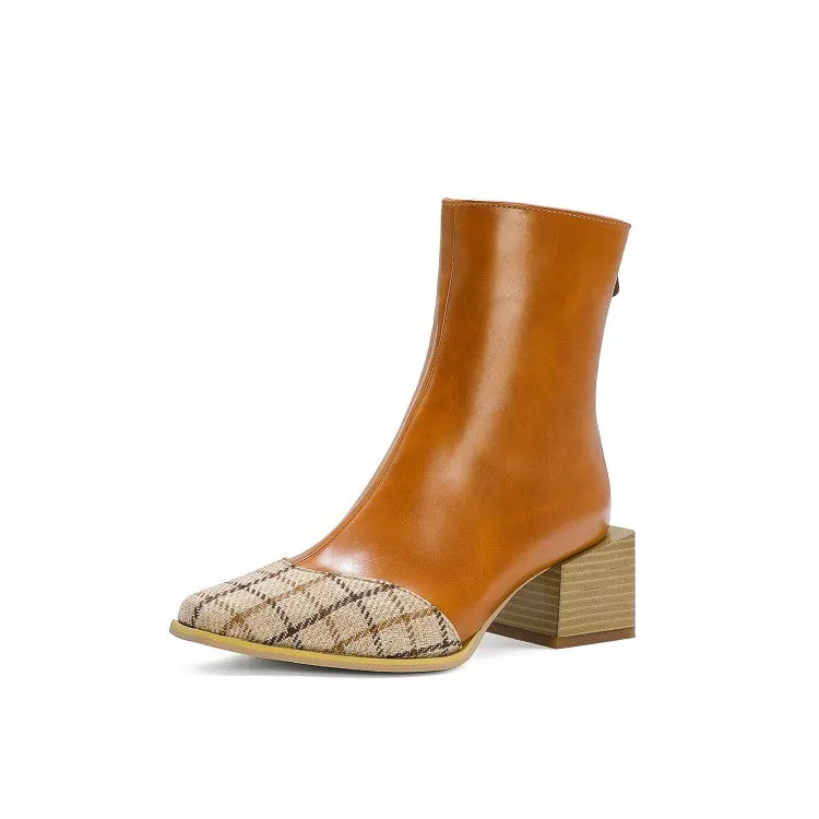 Women's Pu Leather Lattice Patchwork Block Heel Short Boots