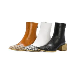 Women's Pu Leather Lattice Patchwork Block Heel Short Boots