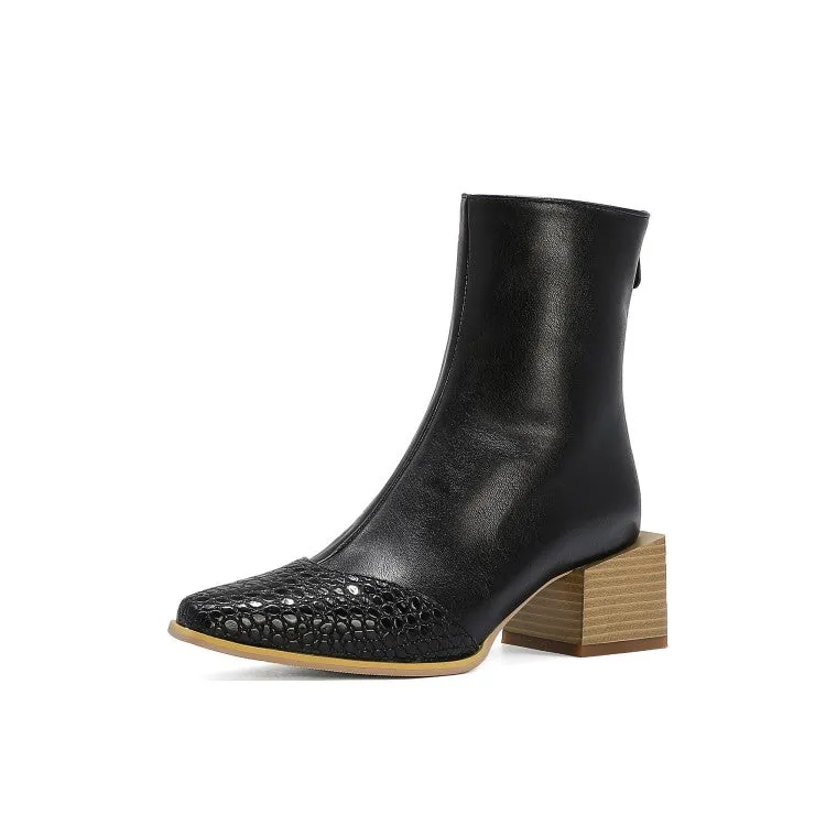 Women's Pu Leather Lattice Patchwork Block Heel Short Boots