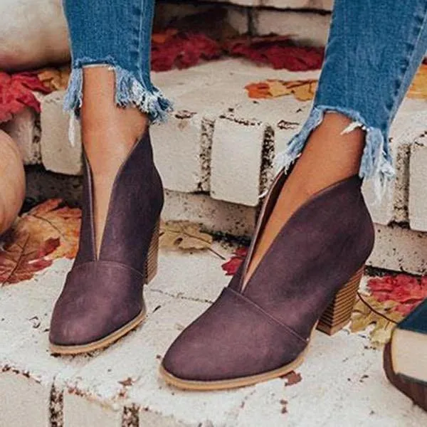 Women's sexy deep v cut chunky ankle boots pointed toe