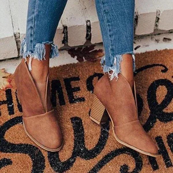 Women's sexy deep v cut chunky ankle boots pointed toe
