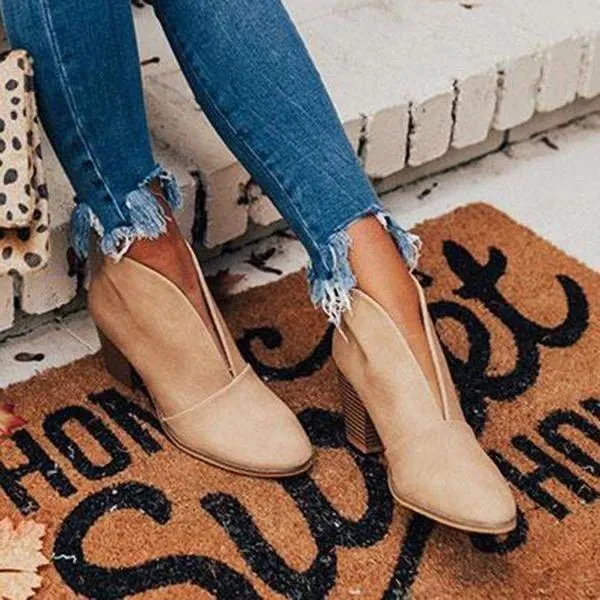 Women's sexy deep v cut chunky ankle boots pointed toe